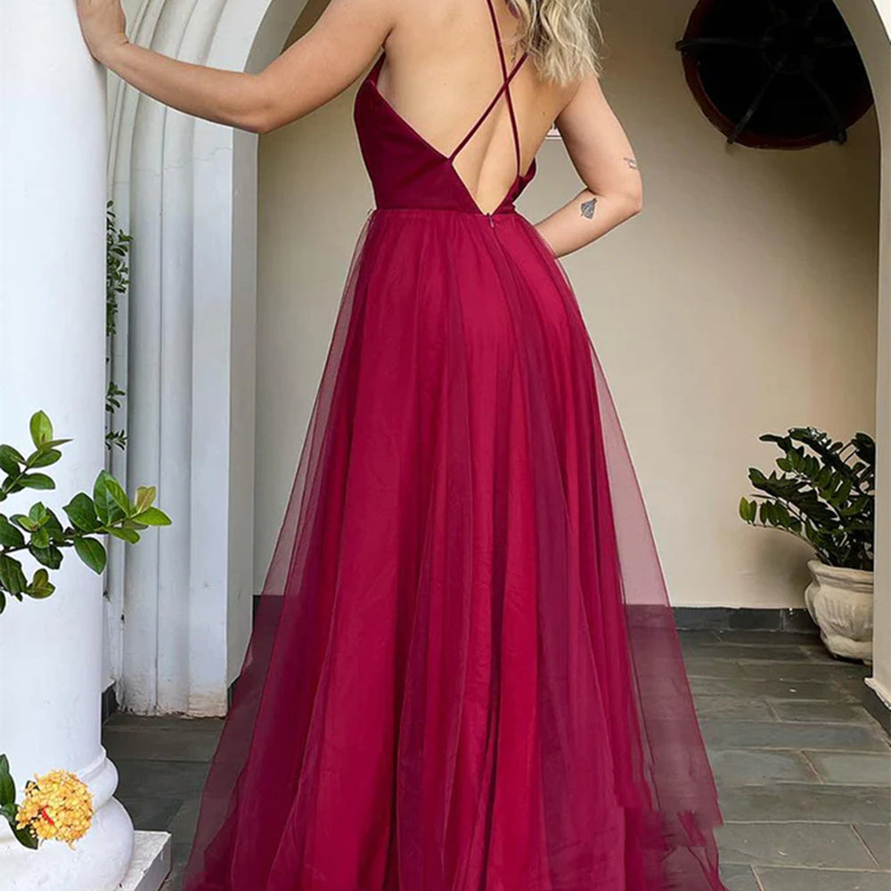 
                      
                        V Neck Backless Burgundy Tulle Long Prom Dresses, Backless Maroon Formal Dresses, Burgundy Evening Dresses
                      
                    