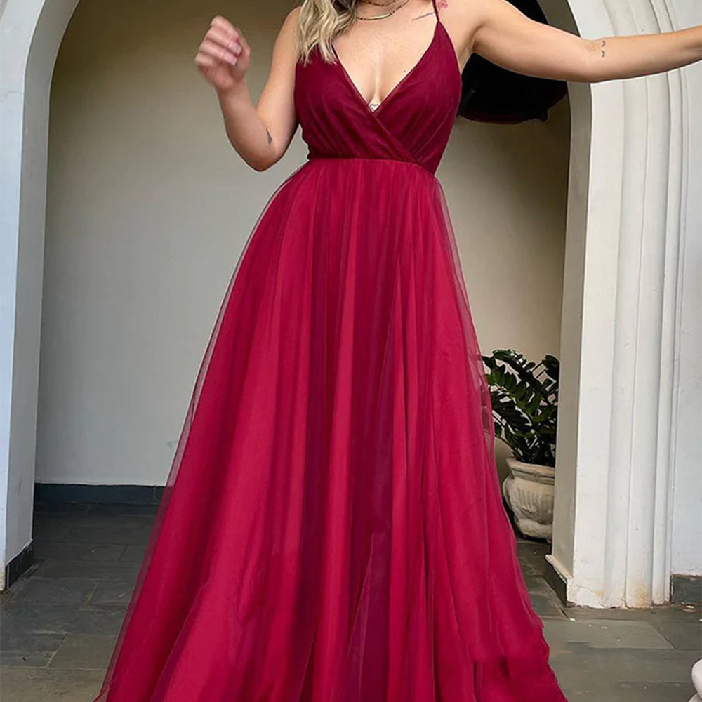 
                      
                        V Neck Backless Burgundy Tulle Long Prom Dresses, Backless Maroon Formal Dresses, Burgundy Evening Dresses
                      
                    