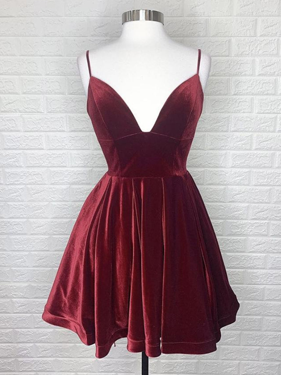 V Neck Backless Burgundy Velvet Short Prom Dresses, Short Burgundy Formal Graduation Homecoming Dresses