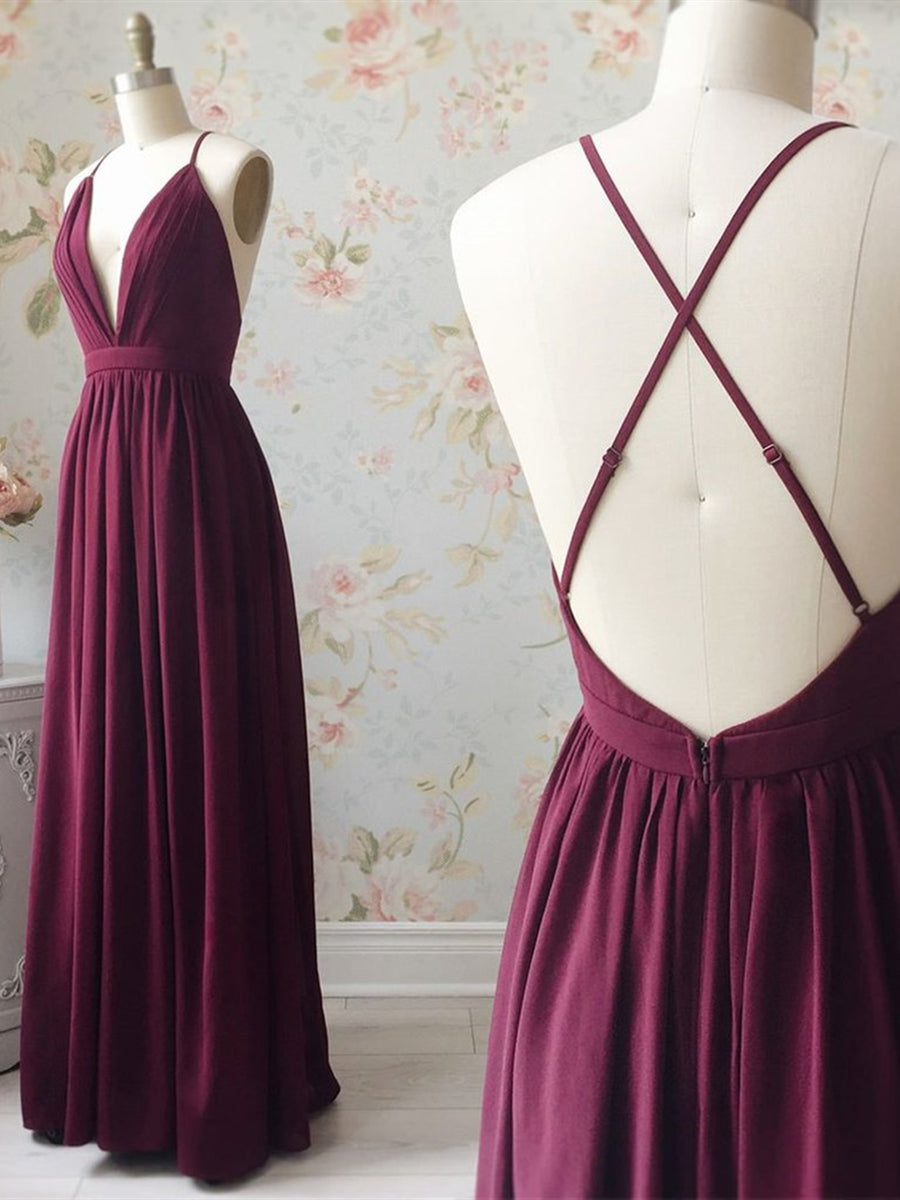 V Neck Backless Chiffon Long Burgundy Prom Dresses, Backless Burgundy Formal Dresses, Burgundy Evening Dresses