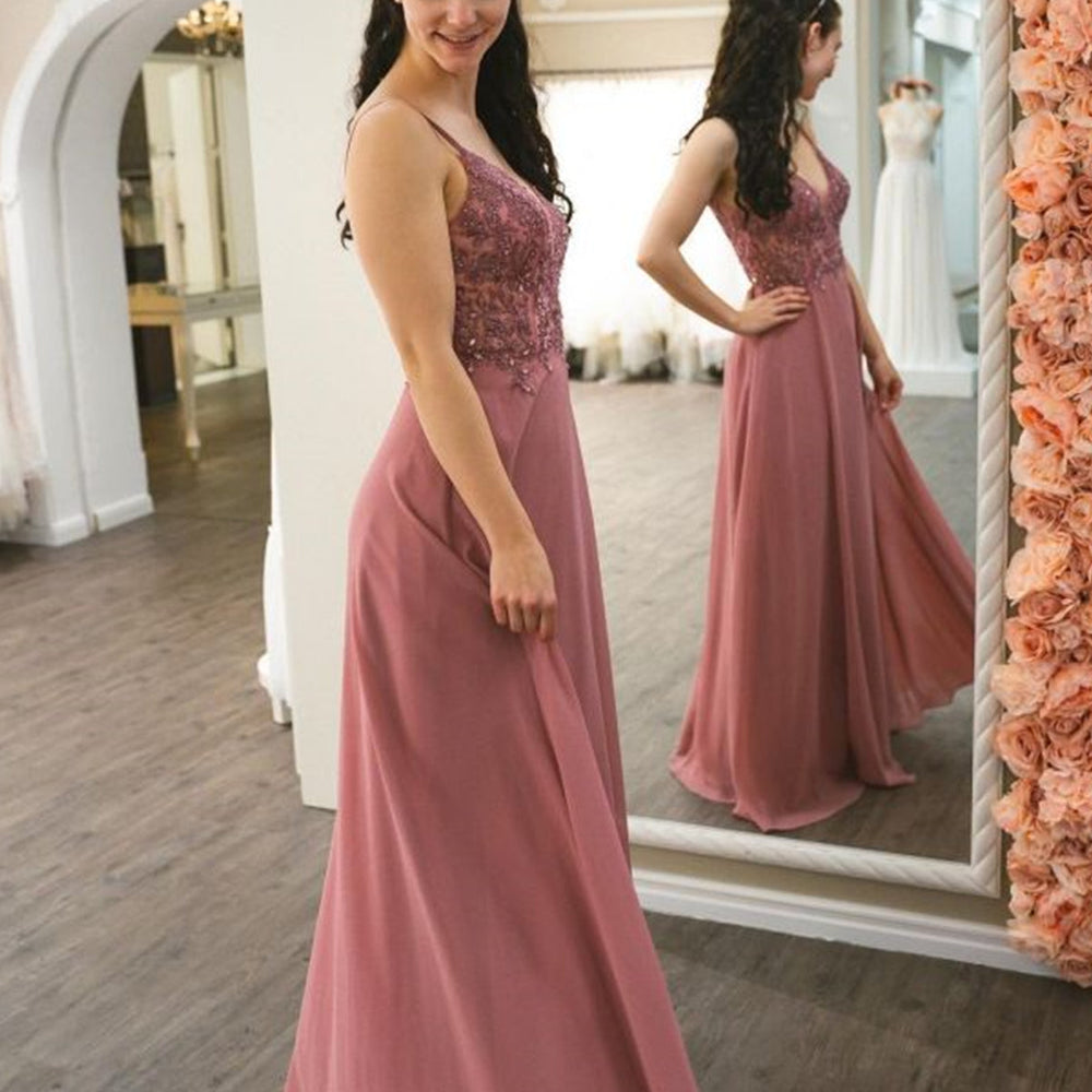 
                      
                        V Neck Backless Dusty Pink Lace Beaded Long Prom Dresses, Dusty Pink Lace Formal Graduation Evening Dresses 
                      
                    