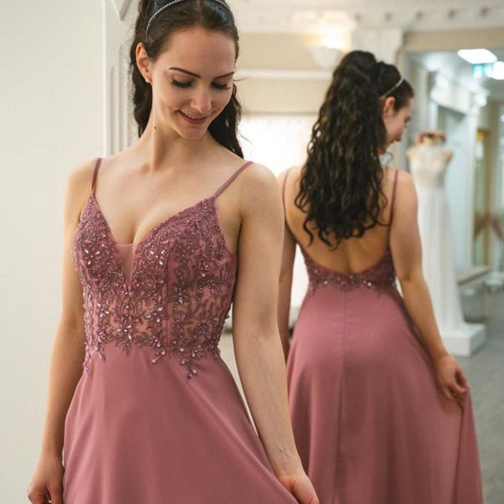 
                      
                        V Neck Backless Dusty Pink Lace Beaded Long Prom Dresses, Dusty Pink Lace Formal Graduation Evening Dresses 
                      
                    