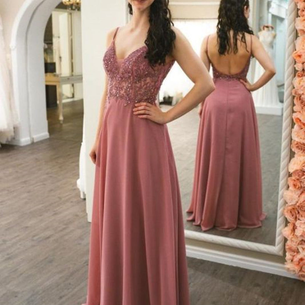 V Neck Backless Dusty Pink Lace Beaded Long Prom Dresses, Dusty Pink Lace Formal Graduation Evening Dresses 