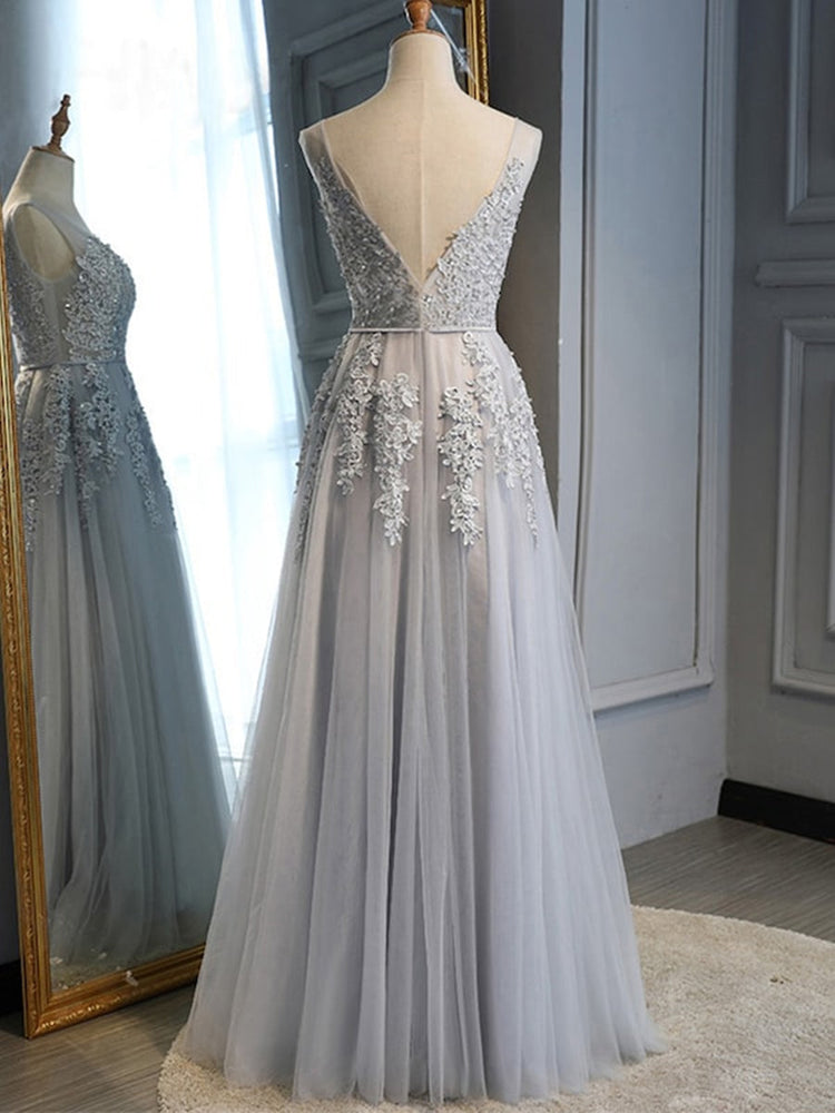 
                      
                        V Neck Backless Gray Lace Long Prom Dresses, Gray Lace Formal Graduation Evening Dresses, Gray Bridesmaid Dresses
                      
                    