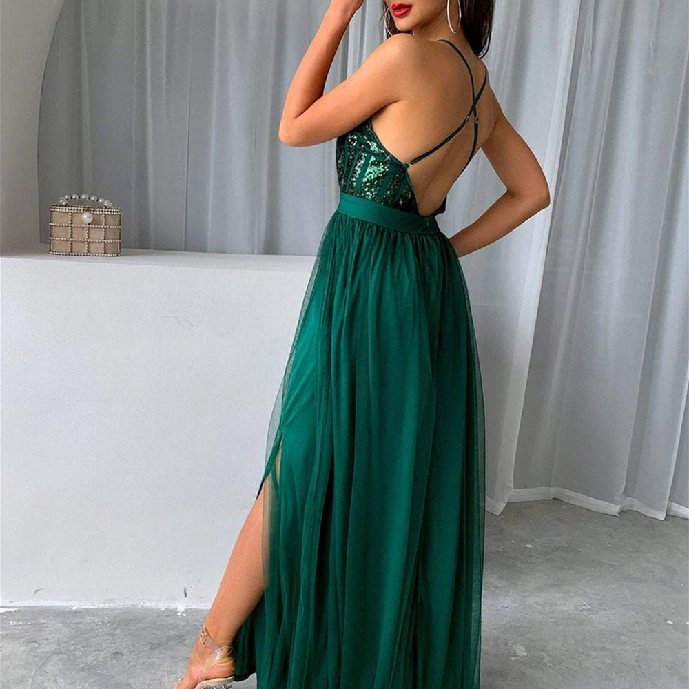 
                      
                        V Neck Backless Green Long Prom Dresses with Sequins Top, Backless Green Formal Graduation Evening Dresses 
                      
                    