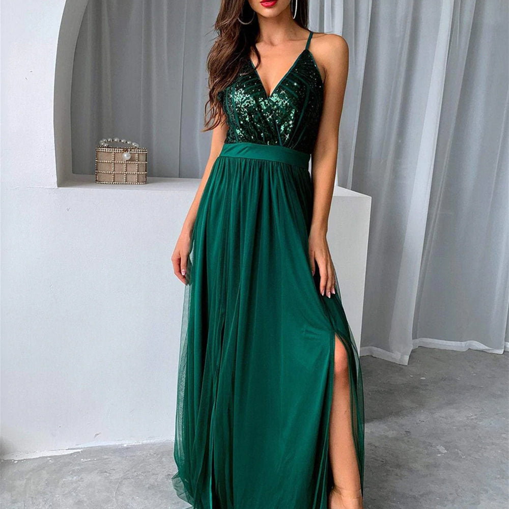 V Neck Backless Green Long Prom Dresses with Sequins Top, Backless Green Formal Graduation Evening Dresses 