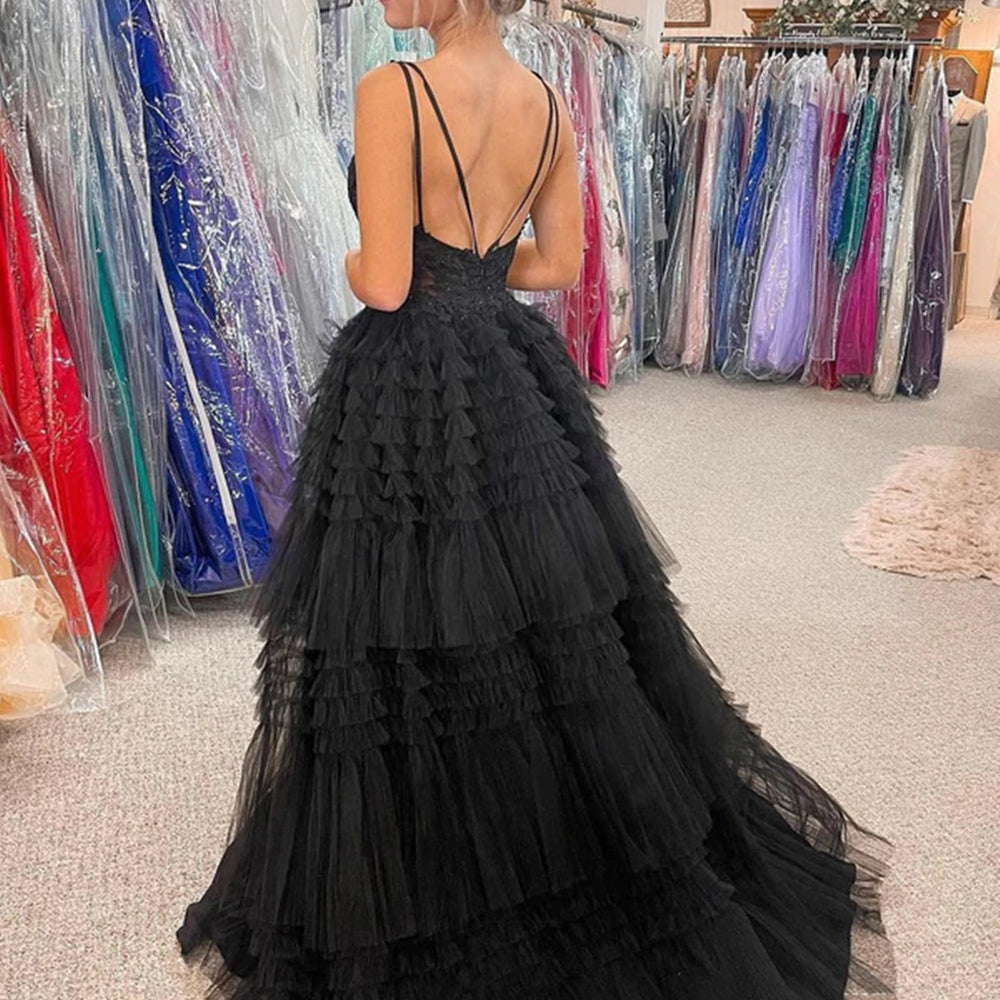 
                      
                        V Neck Backless High Low Beaded Black Lace Long Prom Dresses, Backless Black Formal Dresses, Black Lace Evening Dresses 
                      
                    