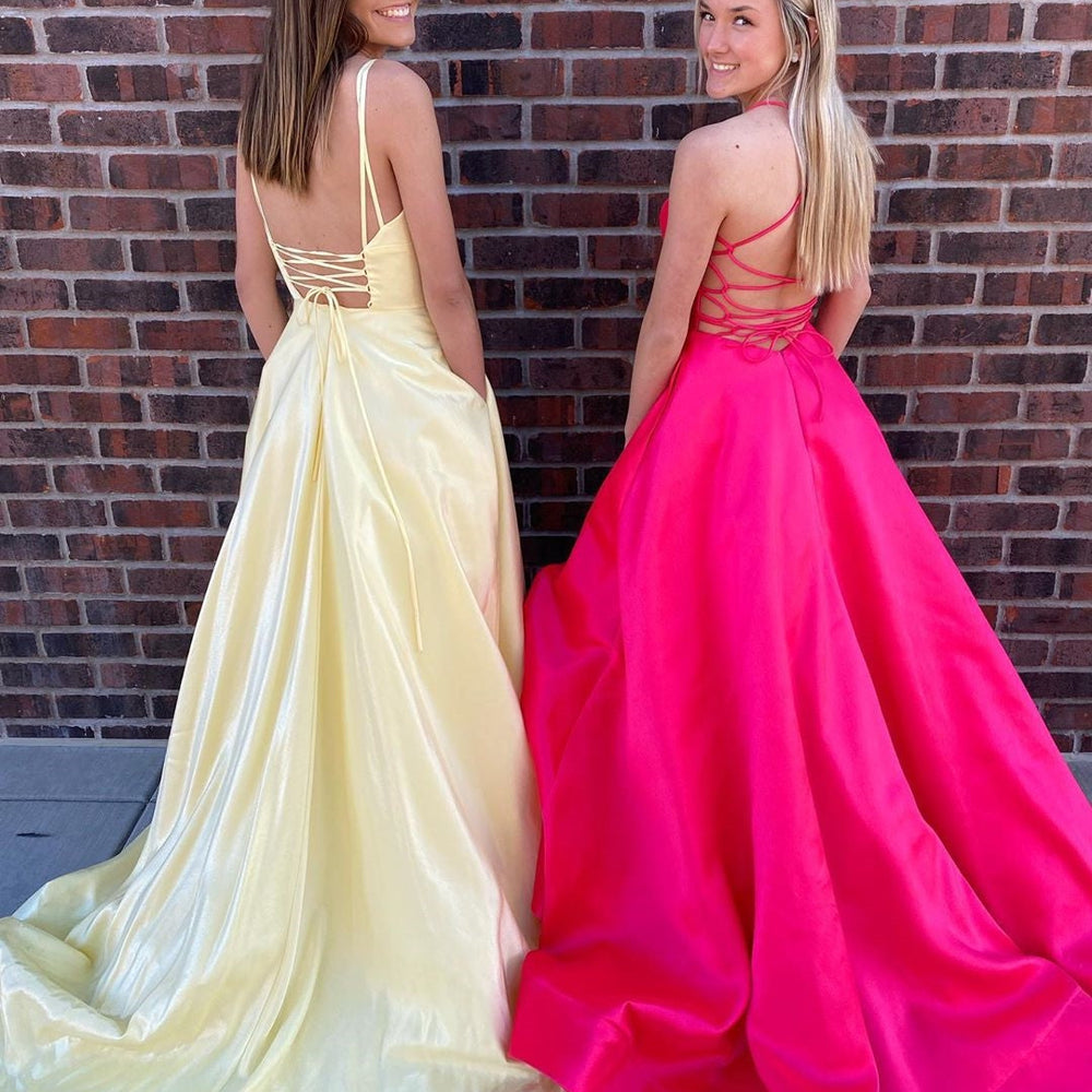 
                      
                        V Neck Backless High Slit Yellow/Hot Pink Long Prom Dresses with Pockets, Yellow/Hot Pink Formal Graduation Evening Dresses
                      
                    