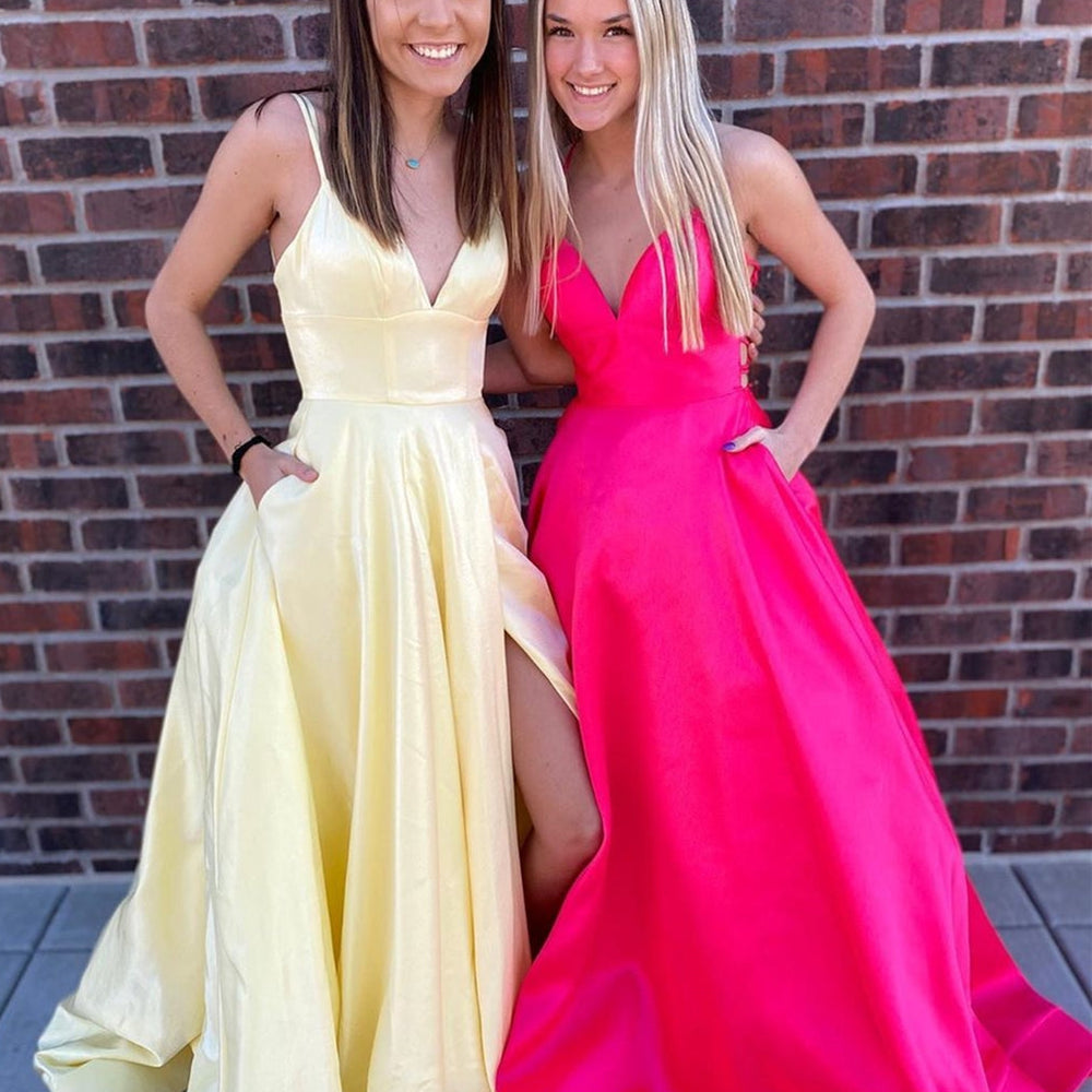 V Neck Backless High Slit Yellow/Hot Pink Long Prom Dresses with Pockets, Yellow/Hot Pink Formal Graduation Evening Dresses