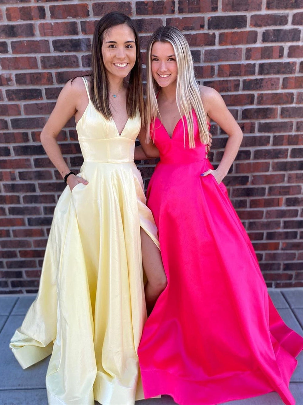 V Neck Backless High Slit Yellow/Hot Pink Long Prom Dresses with Pockets, Yellow/Hot Pink Formal Graduation Evening Dresses