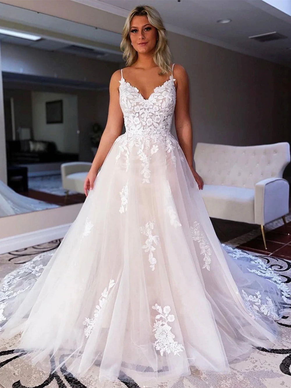 V Neck Backless Ivory Lace Long Prom Wedding Dresses, Ivory Lace Formal Graduation Evening Dresses 