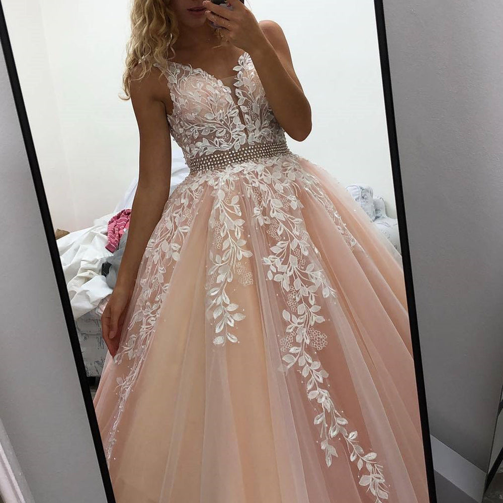 
                      
                        V Neck Backless Long Pink Lace Prom Dresses, Pink Lace Formal Dresses, Pink Evening Dresses
                      
                    