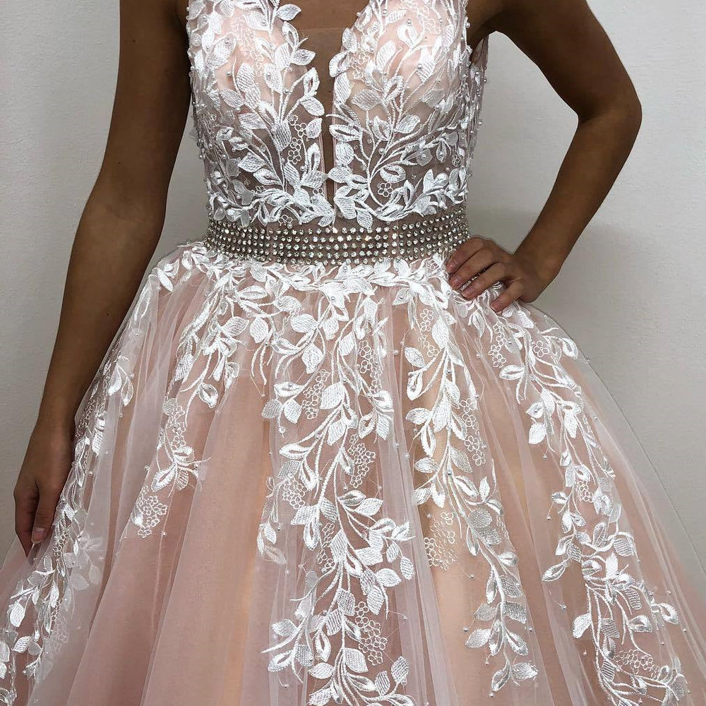 
                      
                        V Neck Backless Long Pink Lace Prom Dresses, Pink Lace Formal Dresses, Pink Evening Dresses
                      
                    