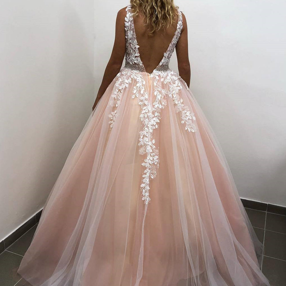 
                      
                        V Neck Backless Long Pink Lace Prom Dresses, Pink Lace Formal Dresses, Pink Evening Dresses
                      
                    