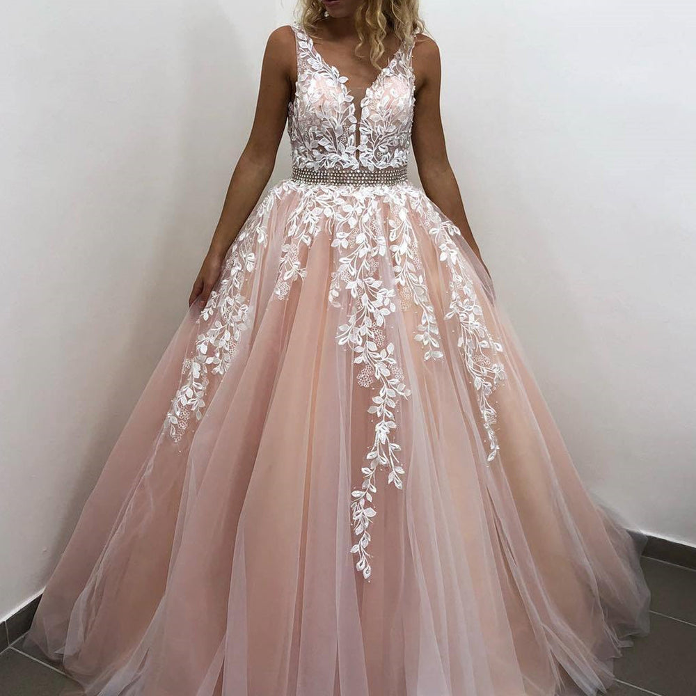 V Neck Backless Long Pink Lace Prom Dresses, Pink Lace Formal Dresses, Pink Evening Dresses