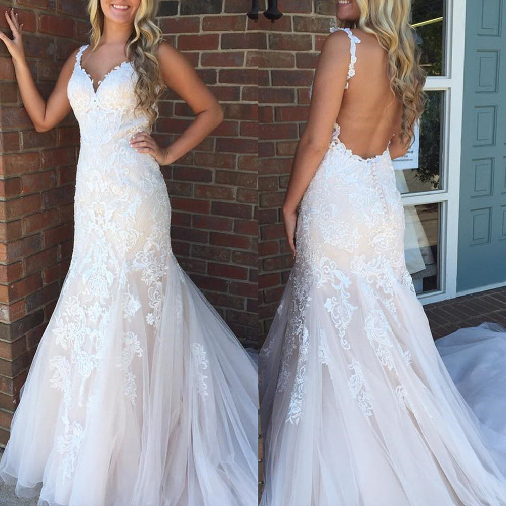 V Neck Backless Mermaid Champagne Lace Long Prom Wedding Dresses with Train, Champagne Lace Formal Evening Dresses 