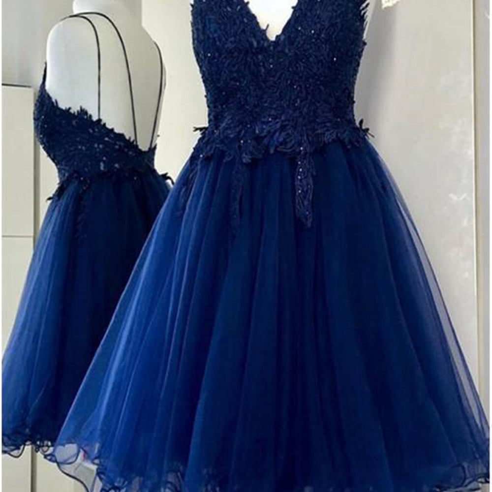 V Neck Backless Navy Blue Lace Prom Dresses, Short Navy Blue Lace Homecoming Dresses, Navy Blue Formal Evening Dresses