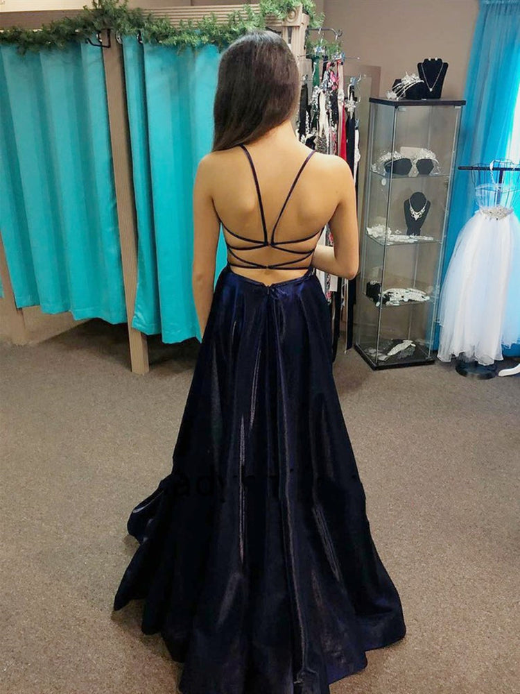 
                      
                        V Neck Backless Navy Blue Satin Long Prom Dresses, Long Dark Blue Formal Graduation Evening Dresses
                      
                    