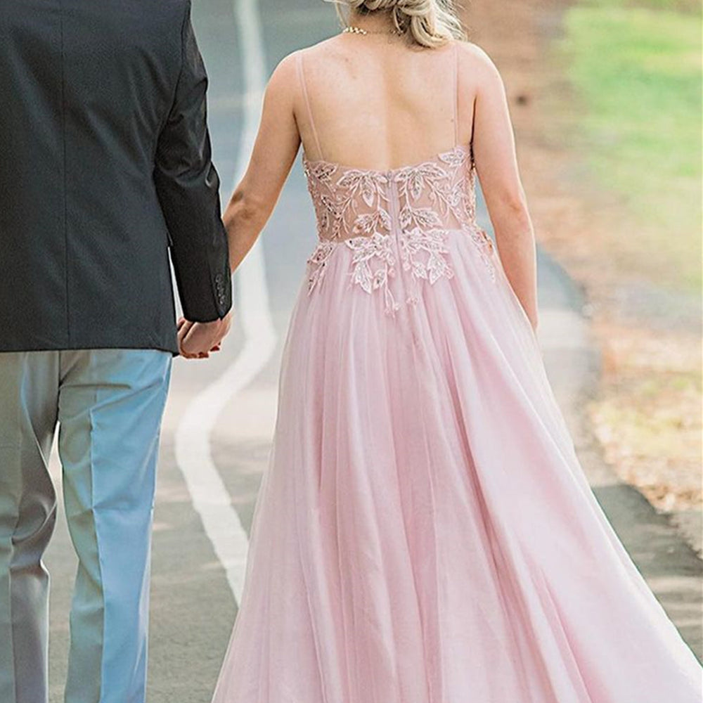 
                      
                        V Neck Backless Pink Lace Long Prom Dresses, Backless Pink Formal Dresses, Pink Lace Evening Dresses 
                      
                    