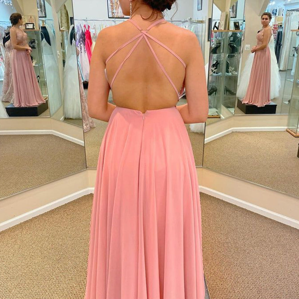 
                      
                        V Neck Backless Pink Lace Long Prom Dresses with Slit, Pink Lace Tulle Bridesmaid Dresses, Pink Formal Graduation Evening Dresses 
                      
                    