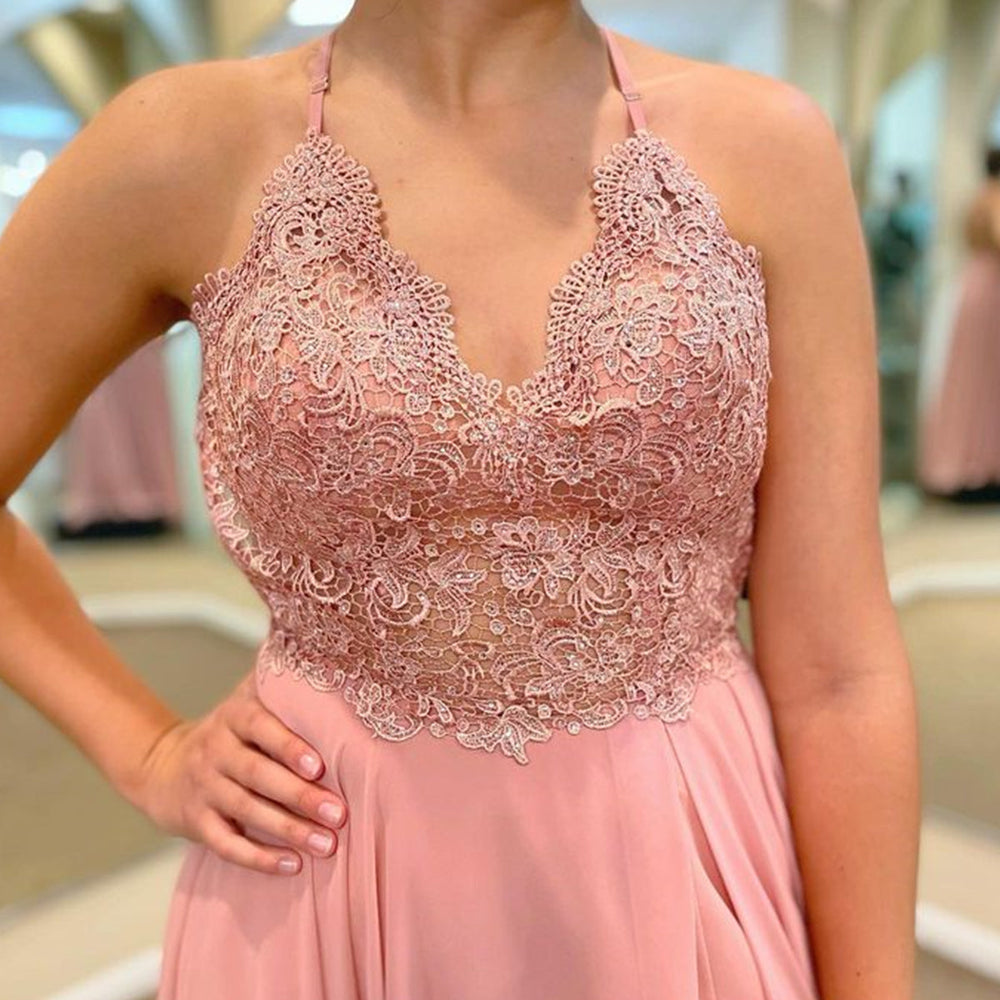 
                      
                        V Neck Backless Pink Lace Long Prom Dresses with Slit, Pink Lace Tulle Bridesmaid Dresses, Pink Formal Graduation Evening Dresses 
                      
                    