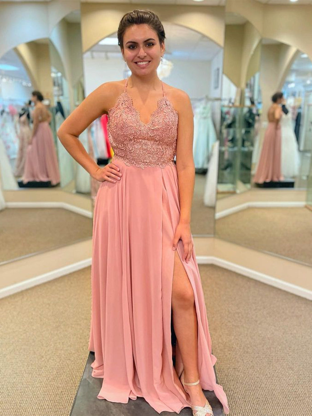 V Neck Backless Pink Lace Long Prom Dresses with Slit, Pink Lace Tulle Bridesmaid Dresses, Pink Formal Graduation Evening Dresses 