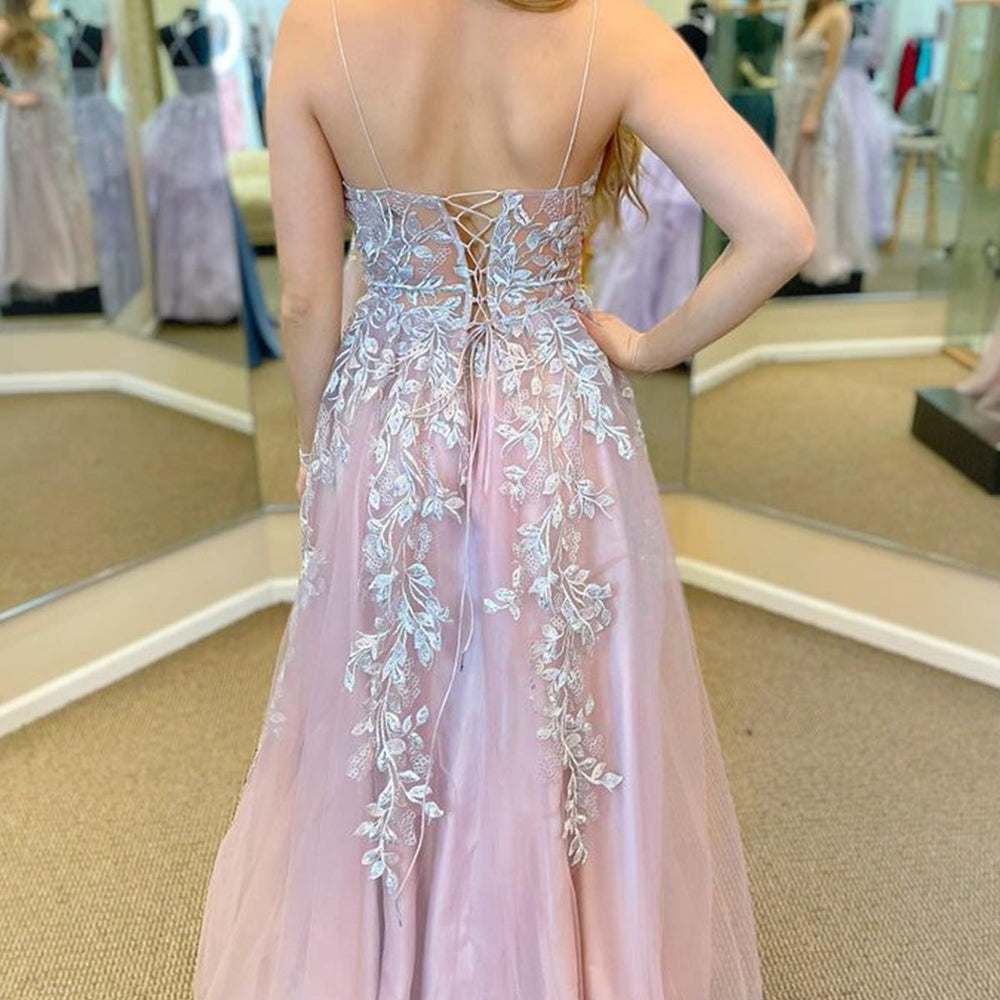 
                      
                        V Neck Backless Pink Long Prom Dresses with Lace Appliques, Pink Lace Formal Dresses, Long Pink Tulle Evening Dresses 
                      
                    