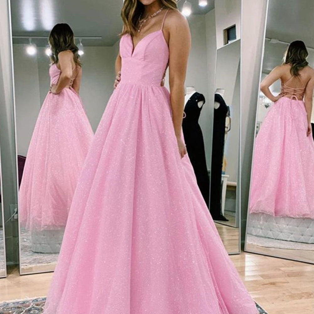 V Neck Backless Pink Sequins Long Prom Dresses, Backless Pink Formal Dresses, y Pink Evening Dresses