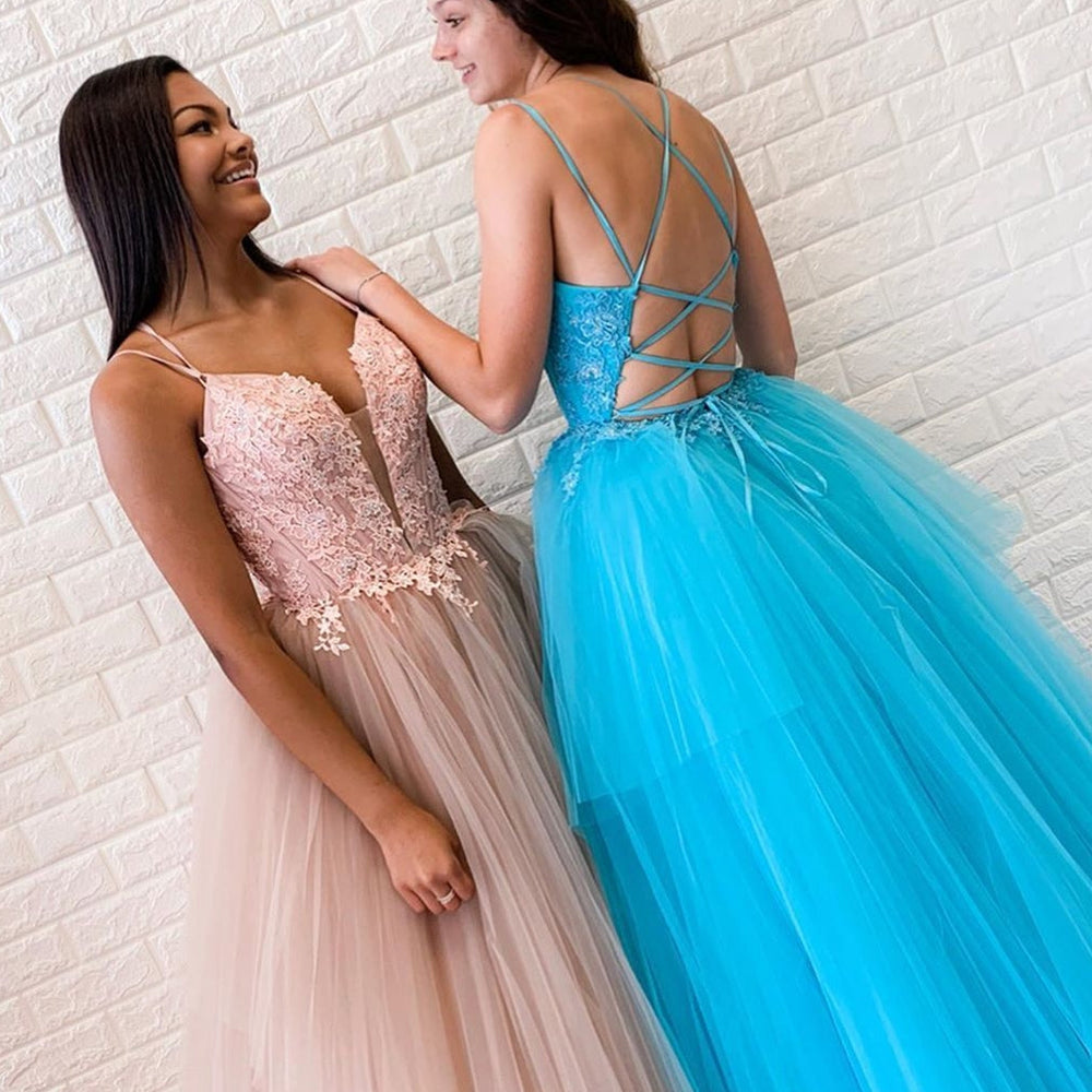 
                      
                        V Neck Backless Pink/Light Blue Lace Long Prom Dresses, Open Back Pink/Light Blue Lace Formal Dresses, Pink/Light Blue Lace Evening Dresses
                      
                    