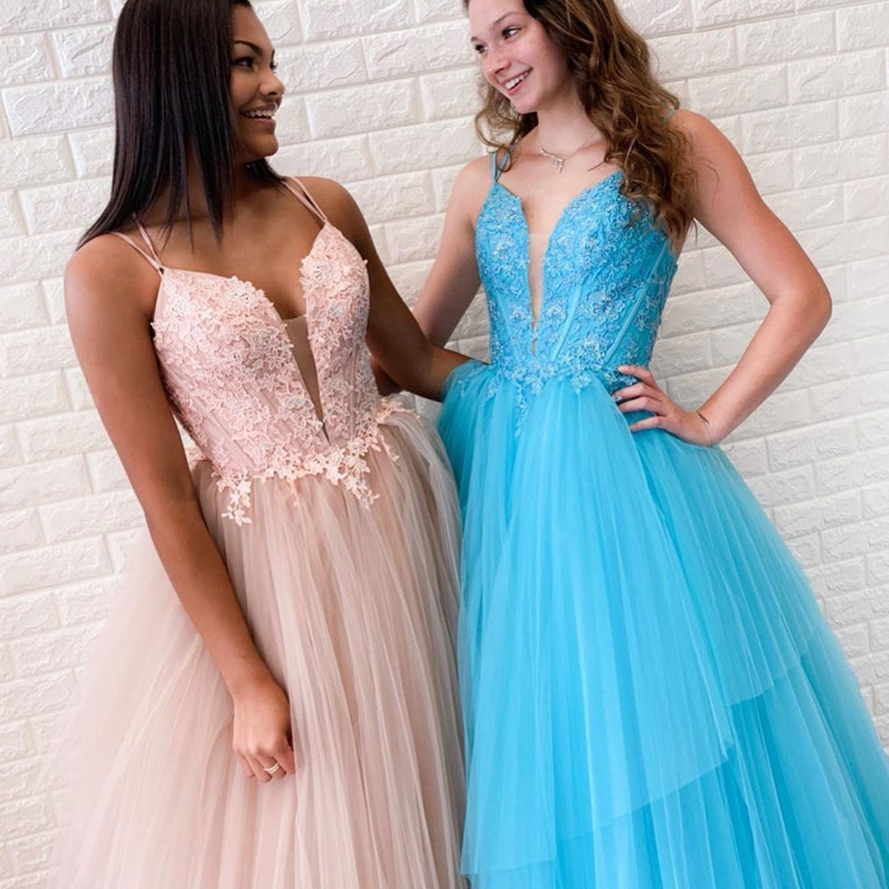 
                      
                        V Neck Backless Pink/Light Blue Lace Long Prom Dresses, Open Back Pink/Light Blue Lace Formal Dresses, Pink/Light Blue Lace Evening Dresses
                      
                    