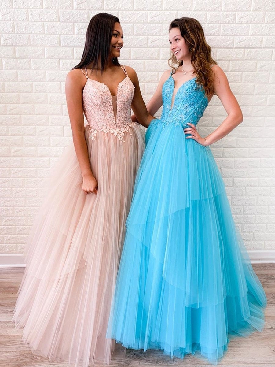 V Neck Backless Pink/Light Blue Lace Long Prom Dresses, Open Back Pink/Light Blue Lace Formal Dresses, Pink/Light Blue Lace Evening Dresses