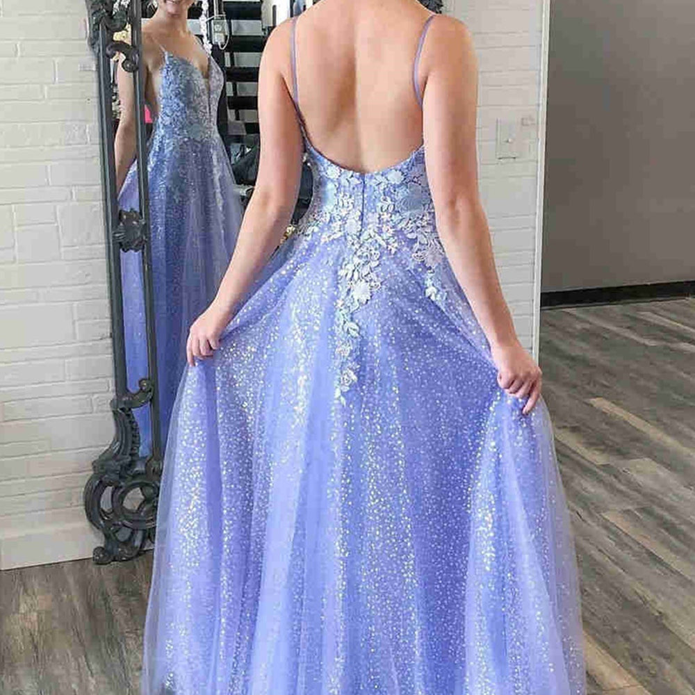 
                      
                        V Neck Backless Purple Lace Long Prom Dresses with 3D Flowers, Shiny Purple Lace Floral Formal Graduation Evening Dresses 
                      
                    