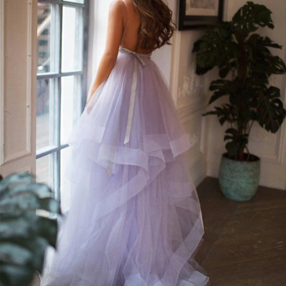 
                      
                        V Neck Backless Purple Tulle Long Prom Dresses with Belt, Backless Purple Formal Graduation Evening Dresses EP2300
                      
                    