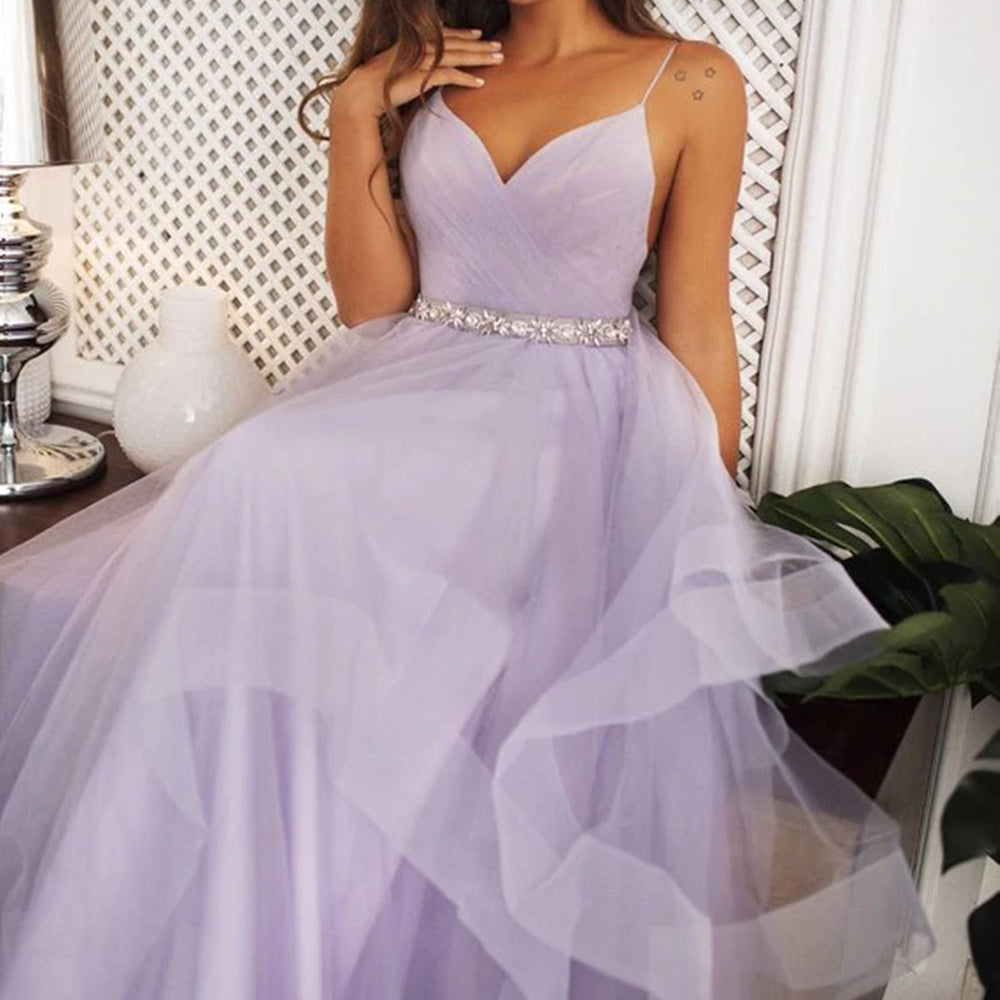 
                      
                        V Neck Backless Purple Tulle Long Prom Dresses with Belt, Backless Purple Formal Graduation Evening Dresses EP2300
                      
                    