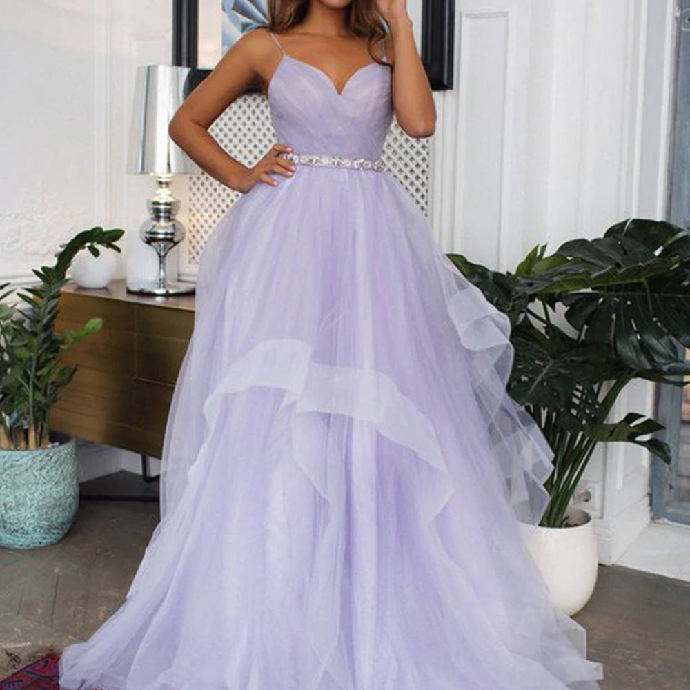 V Neck Backless Purple Tulle Long Prom Dresses with Belt, Backless Purple Formal Graduation Evening Dresses EP2300