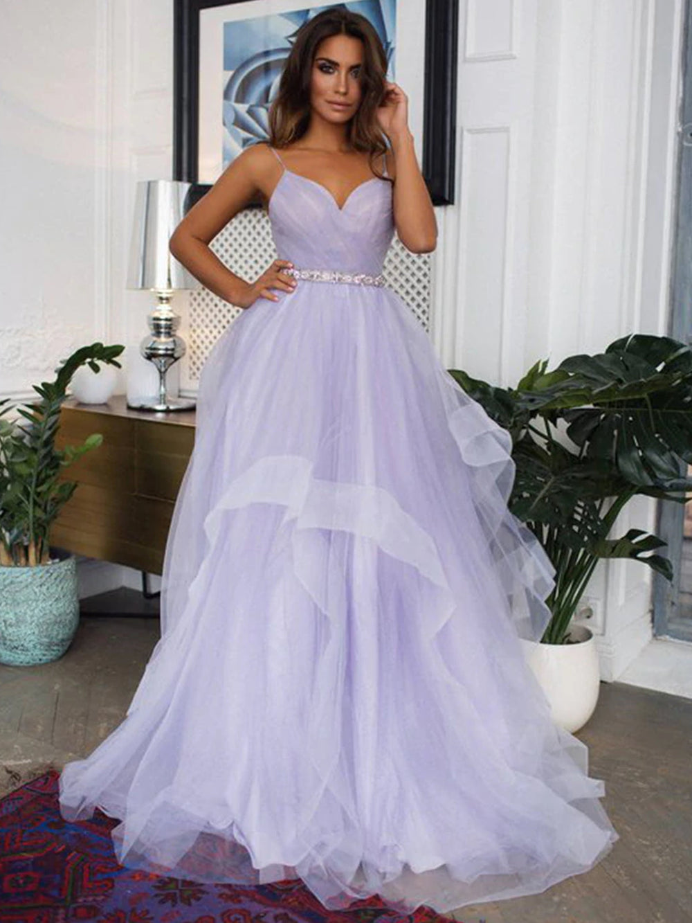 V Neck Backless Purple Tulle Long Prom Dresses with Belt, Backless Purple Formal Graduation Evening Dresses EP2300