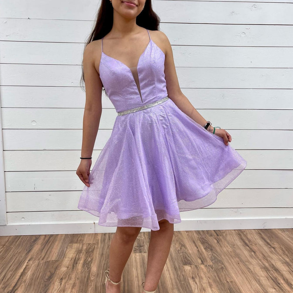 V Neck Backless Purple Tulle Prom Dresses with Belt, Backless Purple Homecoming Dresses, Short Lilac Formal Evening Dresses 