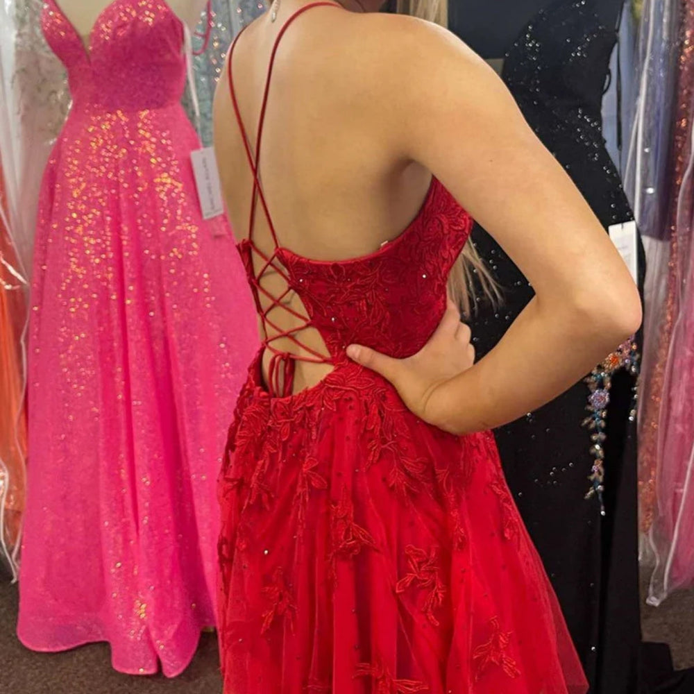 
                      
                        V Neck Backless Red Lace Prom Dresses, Red Lace Homecoming Dresses, Short Red Formal Evening Dresses 
                      
                    