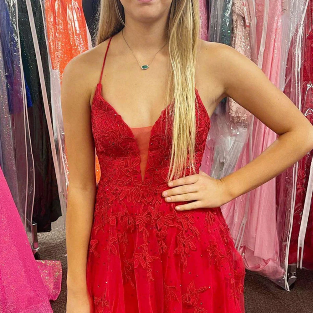 V Neck Backless Red Lace Prom Dresses, Red Lace Homecoming Dresses, Short Red Formal Evening Dresses 