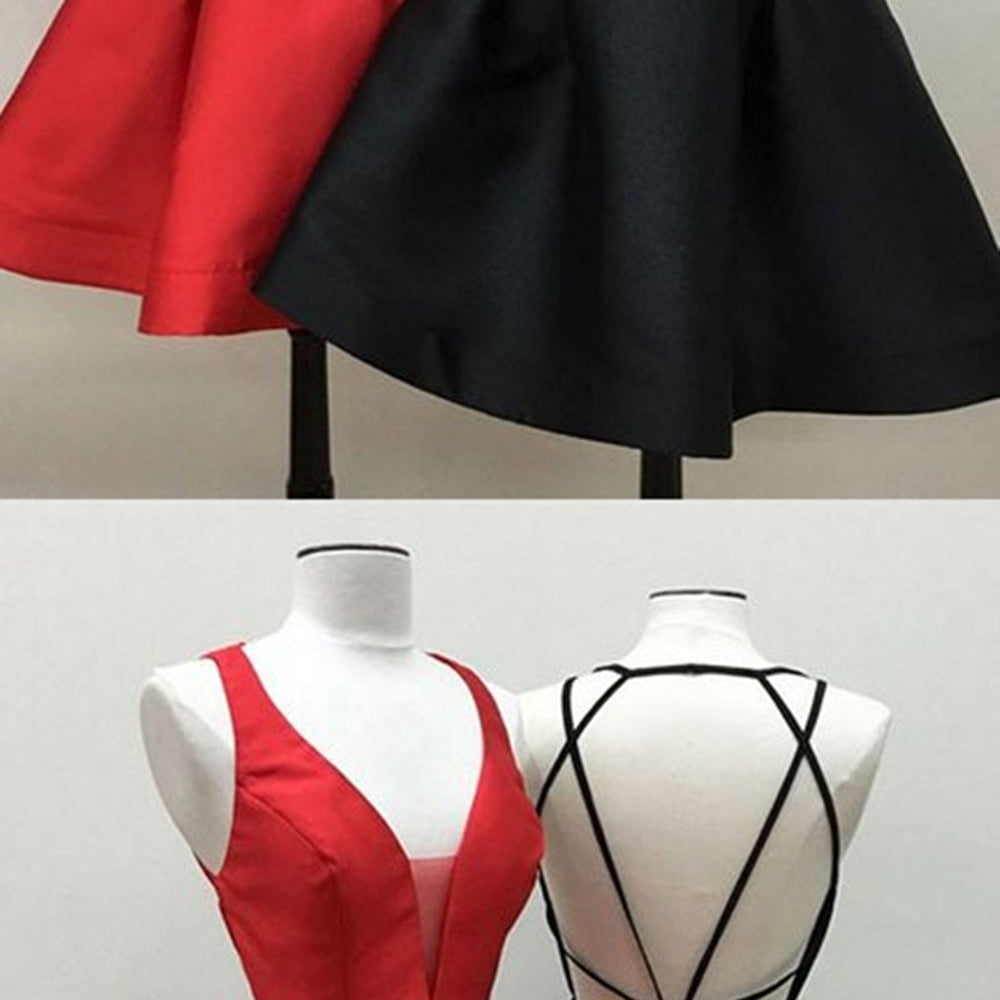 
                      
                        V Neck Backless Short Red/Black Prom Dresses, Open Back Red/Black Homecoming Dresses, Red/Black Formal Evening Dresses
                      
                    