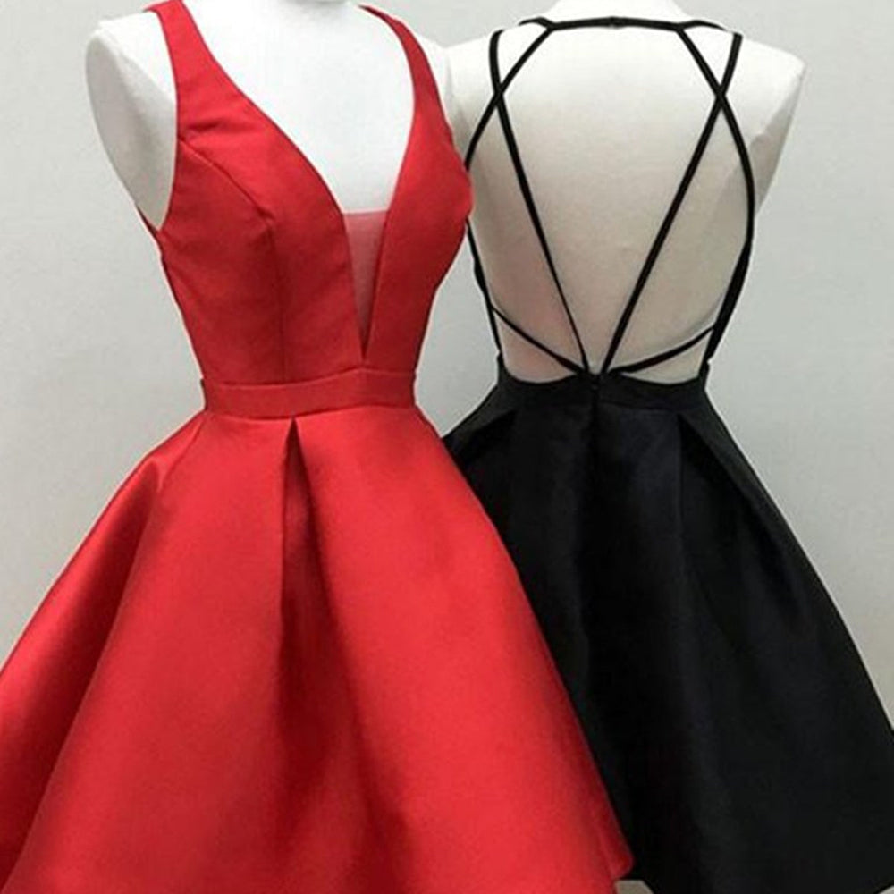 V Neck Backless Short Red/Black Prom Dresses, Open Back Red/Black Homecoming Dresses, Red/Black Formal Evening Dresses