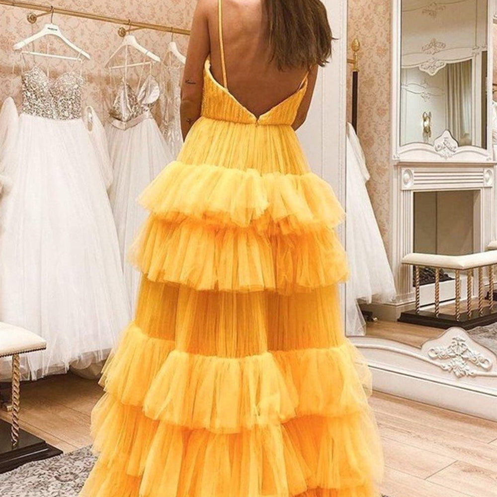 
                      
                        V Neck Backless Yellow Tulle Layered Long Prom Dresses, Layered Yellow Formal Evening Dresses
                      
                    