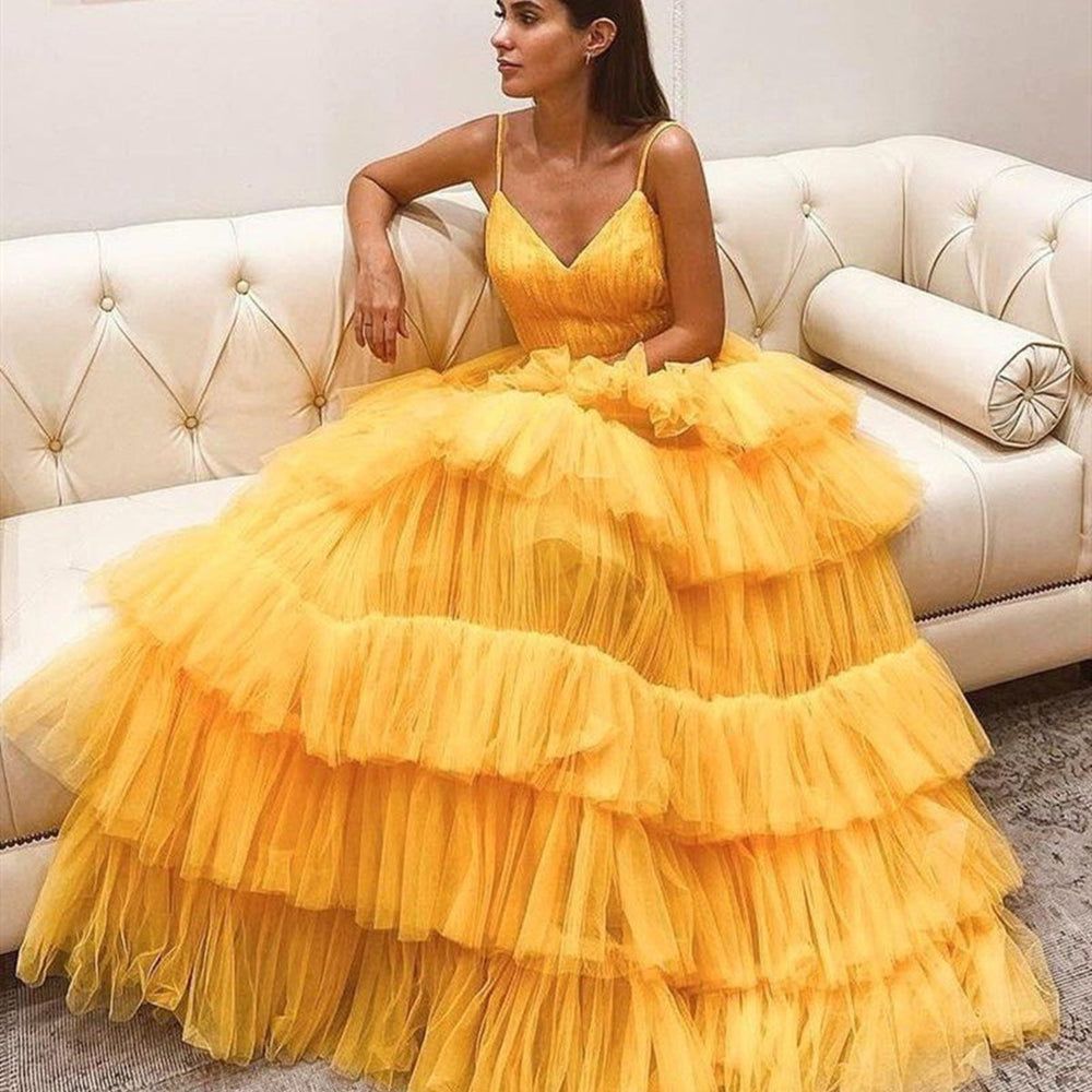 V Neck Backless Yellow Tulle Layered Long Prom Dresses, Layered Yellow Formal Evening Dresses