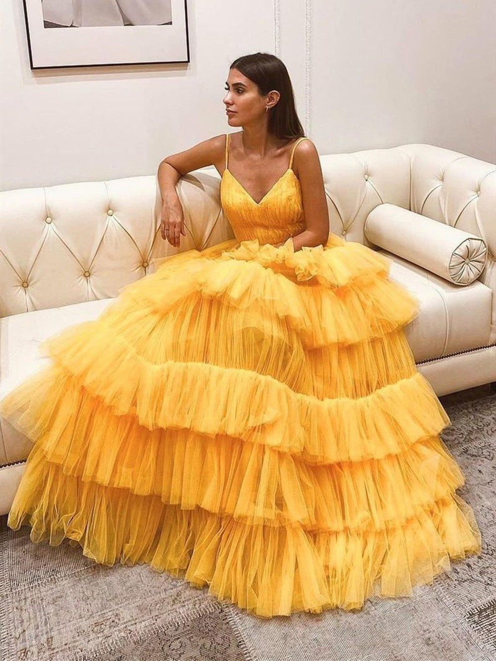 V Neck Backless Yellow Tulle Layered Long Prom Dresses, Layered Yellow Formal Evening Dresses