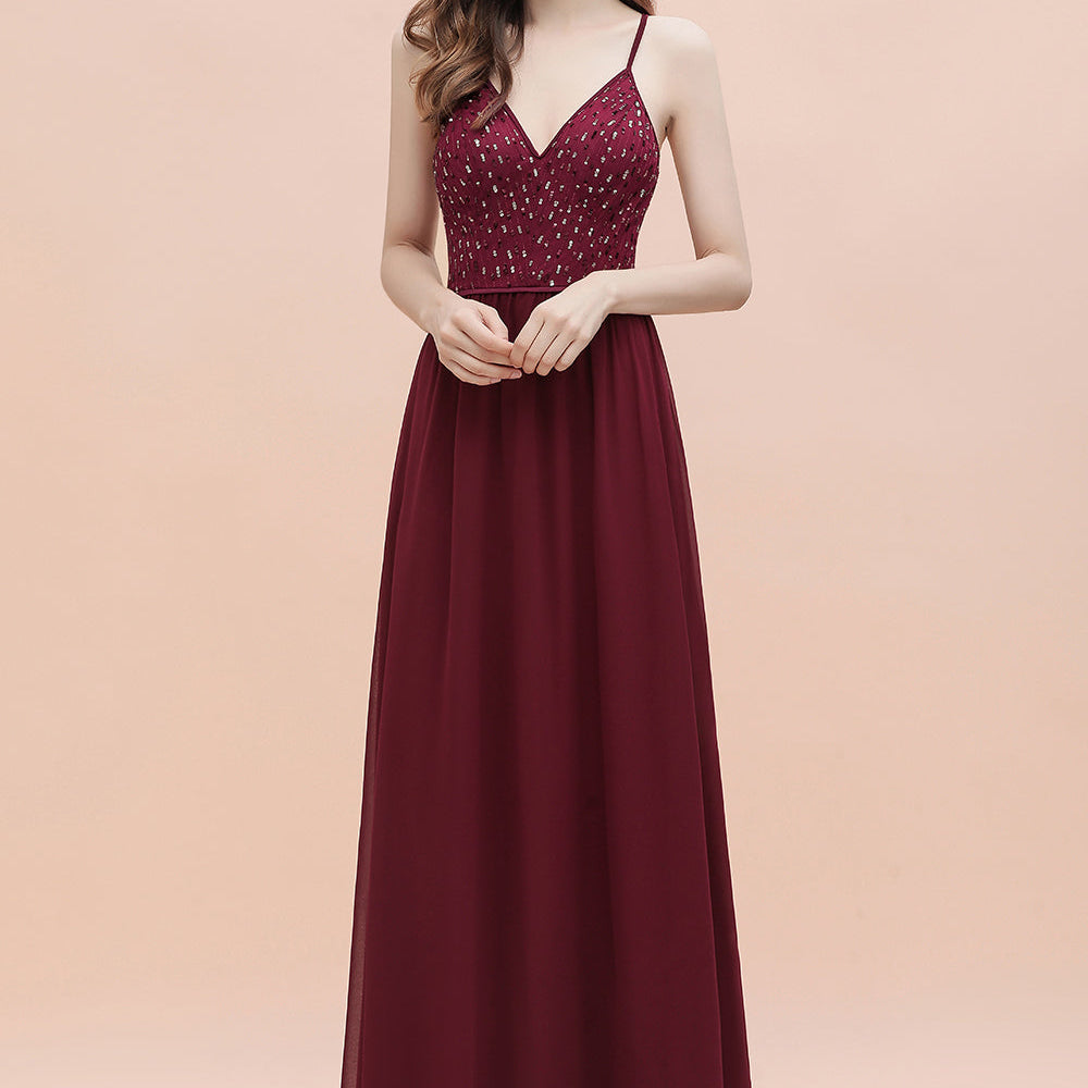 
                      
                        V-Neck Burgundy A-line Evening Maxi Dress Prom Party Dress
                      
                    