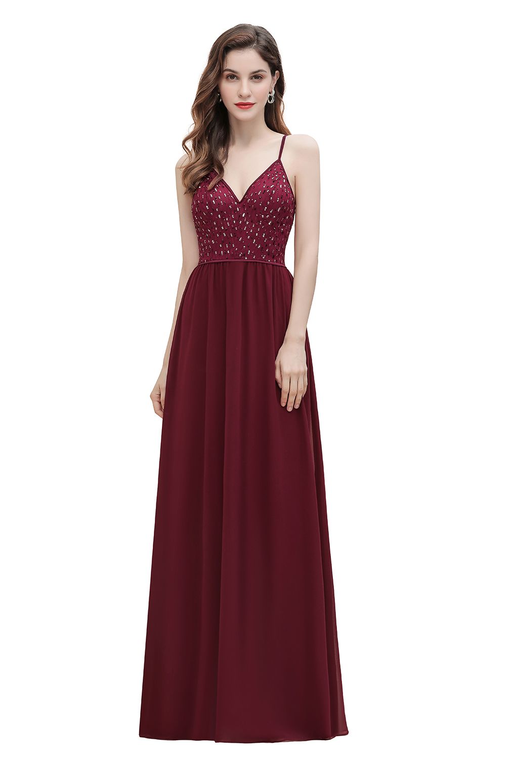 V-Neck Burgundy A-line Evening Maxi Dress Prom Party Dress