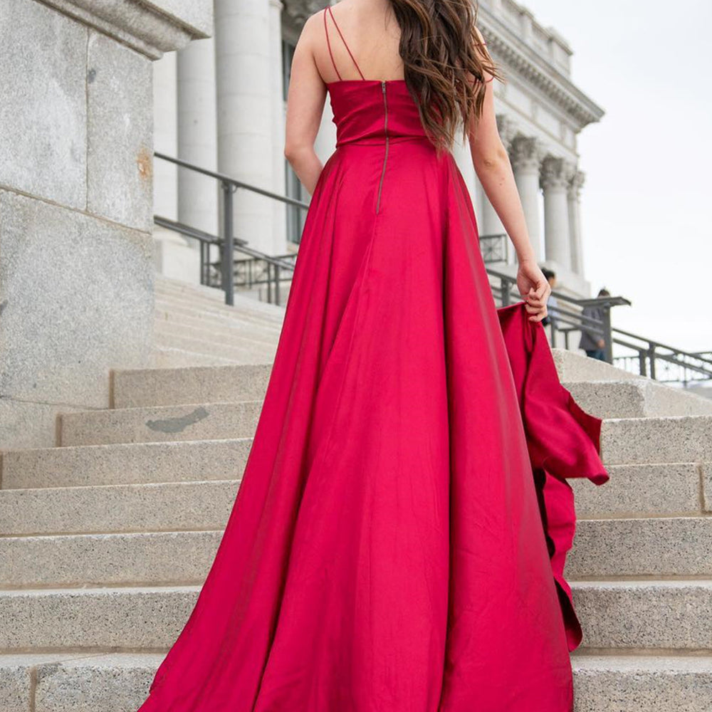 
                      
                        V Neck Burgundy Satin Long Prom Dresses with Side Slit, V Neck Burgundy Formal Graduation Evening Dresses 
                      
                    