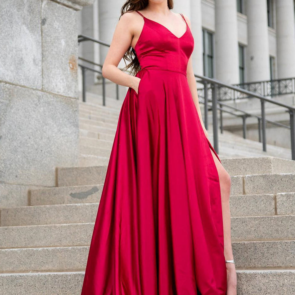 V Neck Burgundy Satin Long Prom Dresses with Side Slit, V Neck Burgundy Formal Graduation Evening Dresses 