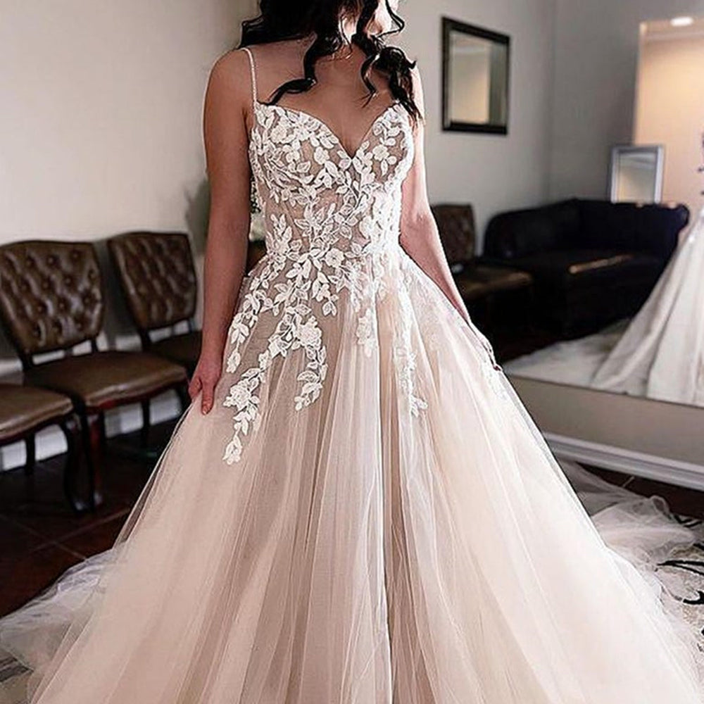 
                      
                        V Neck Champagne Lace Long Prom Dresses, Champagne Lace Wedding Dresses, Champagne Formal Evening Dresses 
                      
                    