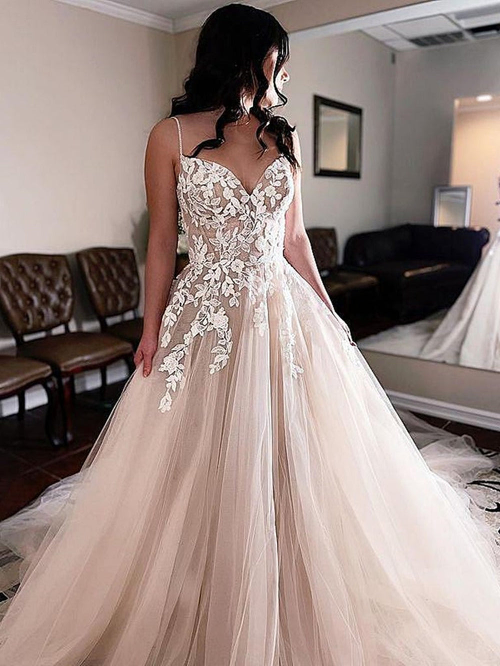 V Neck Champagne Lace Long Prom Dresses, Champagne Lace Wedding Dresses, Champagne Formal Evening Dresses 